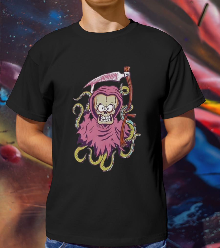 Pink Skull Hooded Grim Reaper With Scythe And Tentacles Hoppus Text T-Shirt