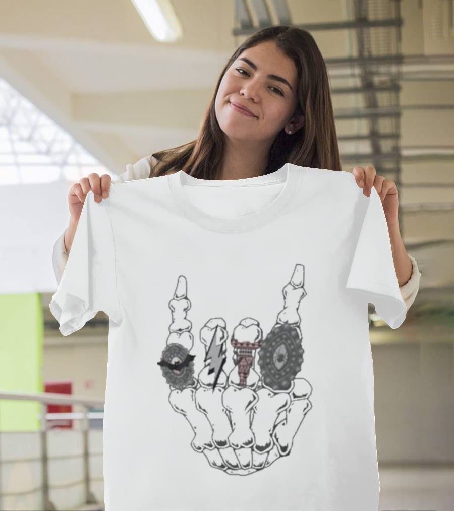 Halloween Skeleton Hand With Turquoise Rings And Colorful Gems T-Shirt