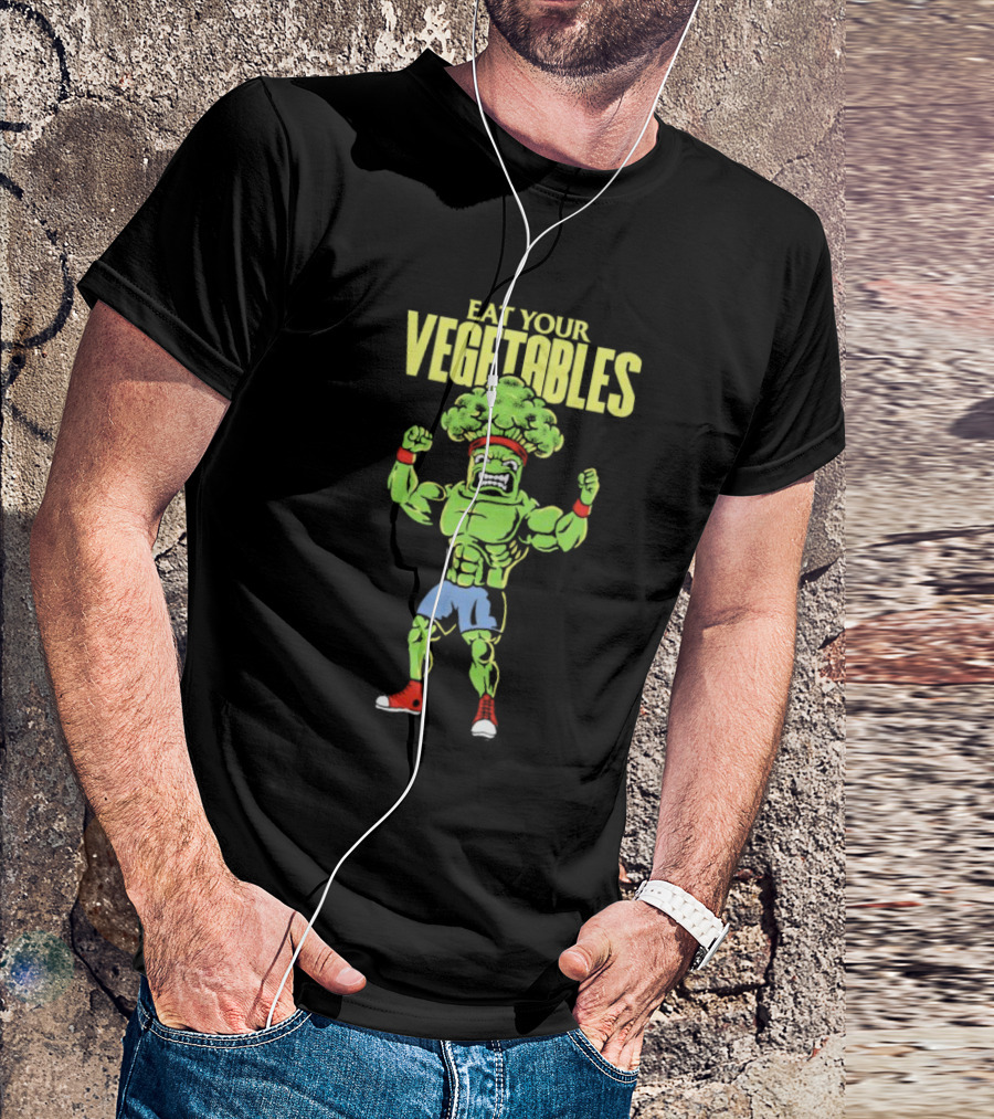 EAT YOUR VEGETABLES Broccoli Bodybuilder In Red Sneakers T-Shirt