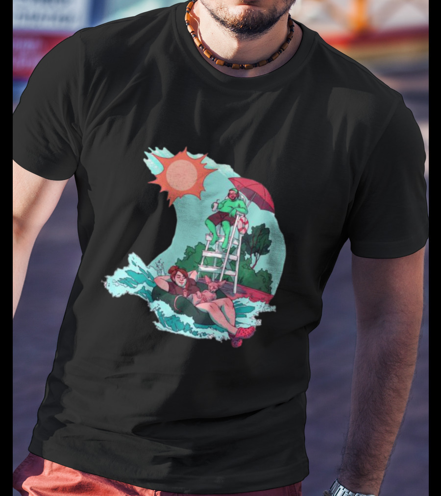 Wubby Relaxing Poolside With Lifeguard On Duty Under Vibrant Sun Umbrella T-Shirt