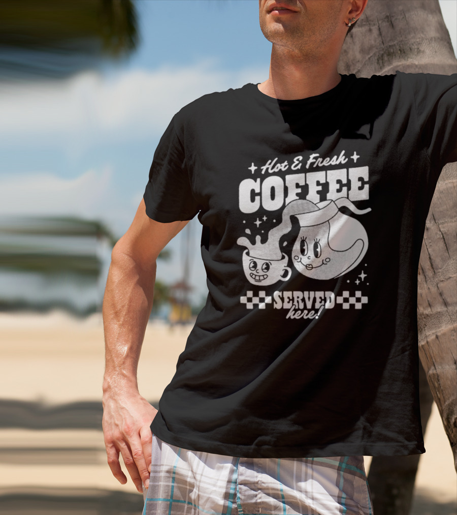 Hot And Fresh Coffee Served Here Retro Cartoon T-Shirt