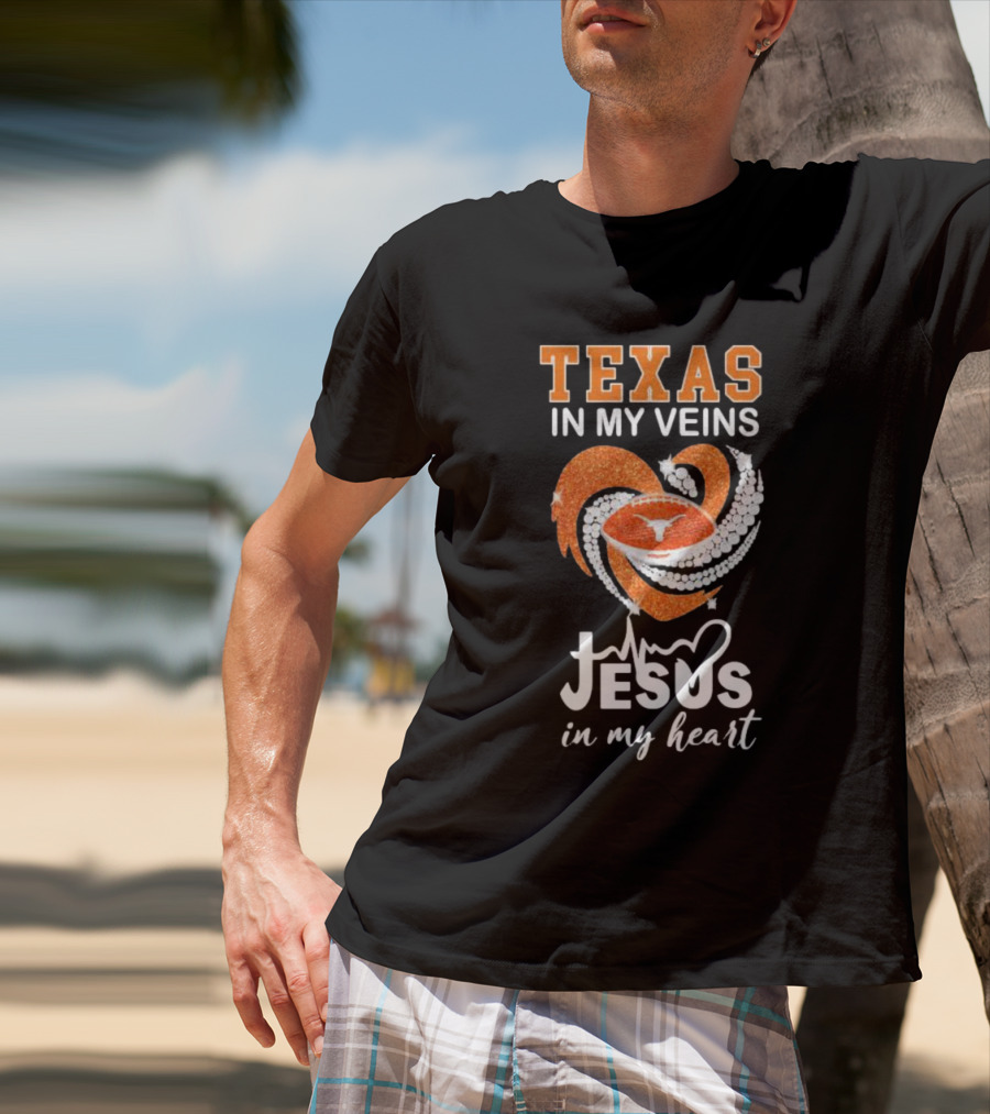 Texas In My Veins Jesus In My Heart Football Diamond T-Shirt