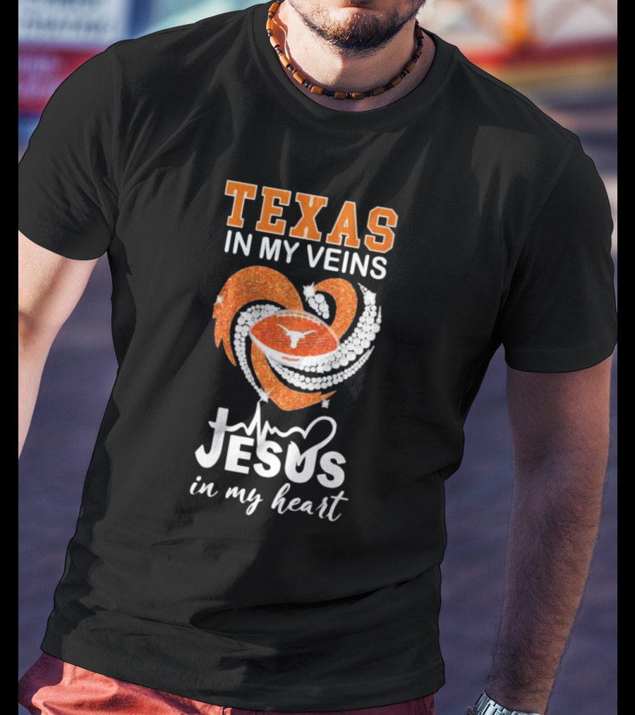 Texas In My Veins Jesus In My Heart Football Diamond T-Shirt
