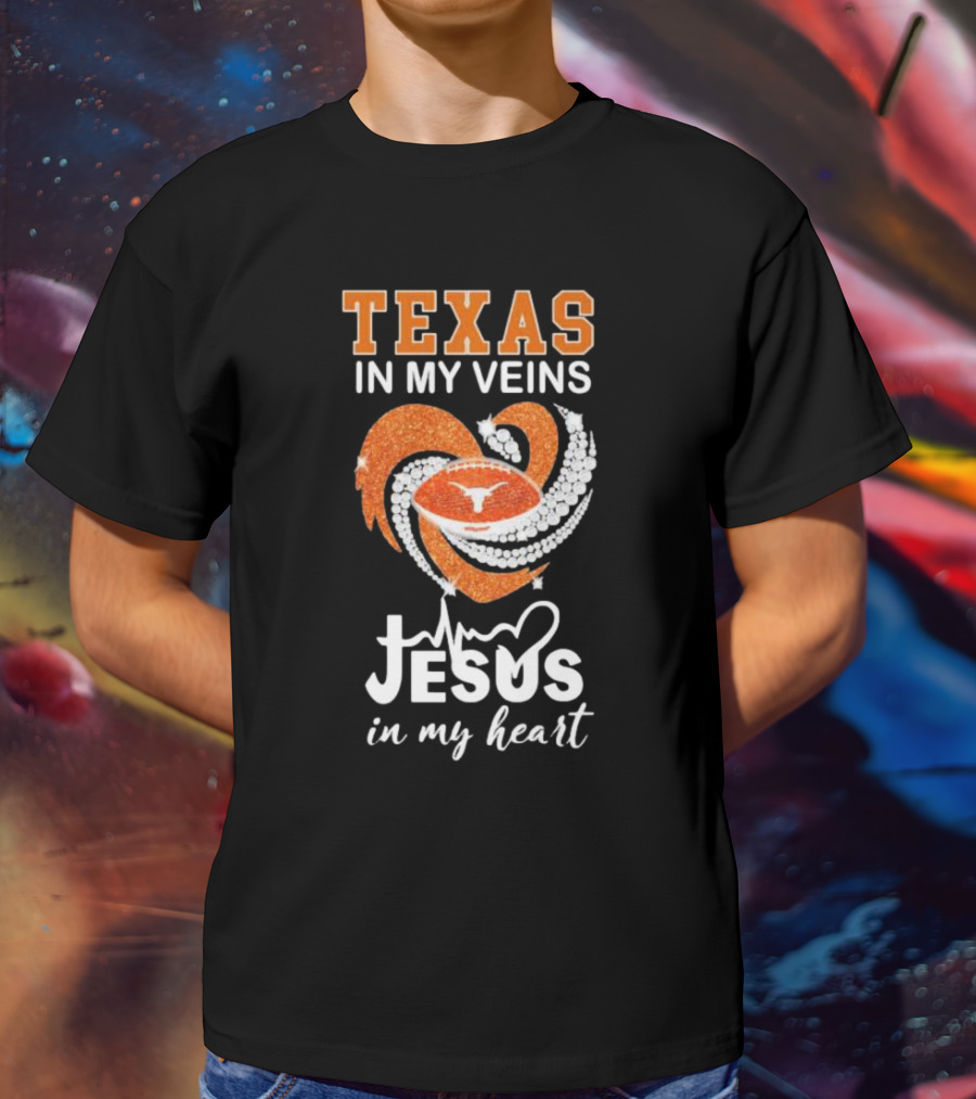 Texas In My Veins Jesus In My Heart Football Diamond T-Shirt