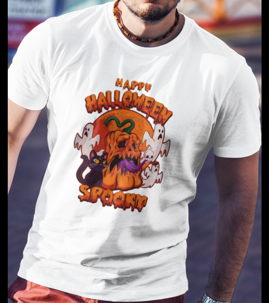 Happy Halloween Spooky Horror Pumpkin Ghosts Black Cat T-Shirt