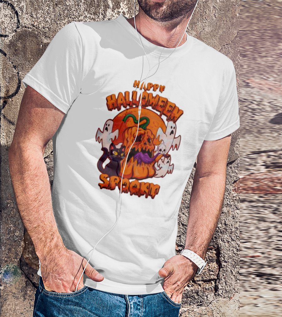 Happy Halloween Spooky Horror Pumpkin Ghosts Black Cat T-Shirt