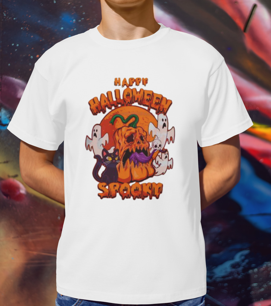 Happy Halloween Spooky Horror Pumpkin Ghosts Black Cat T-Shirt