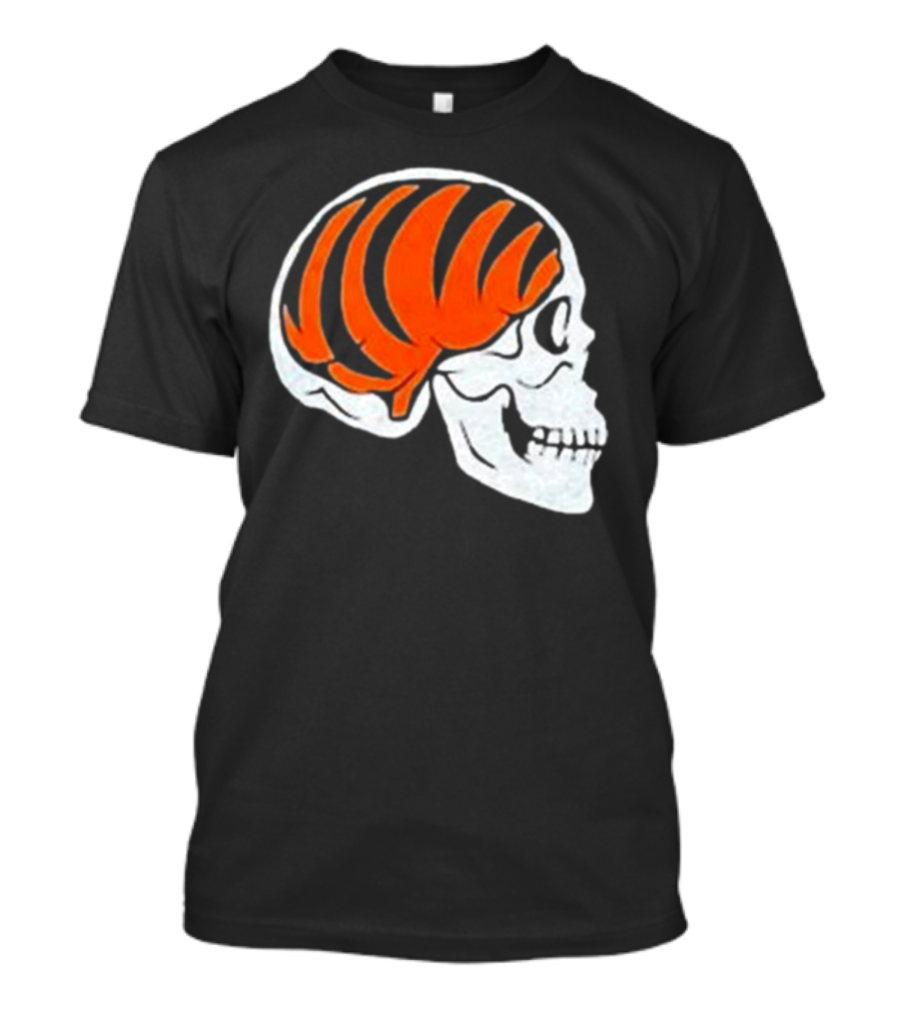 Goodberry Bengals Brain Skull With Orange Tiger Stripes T-Shirt