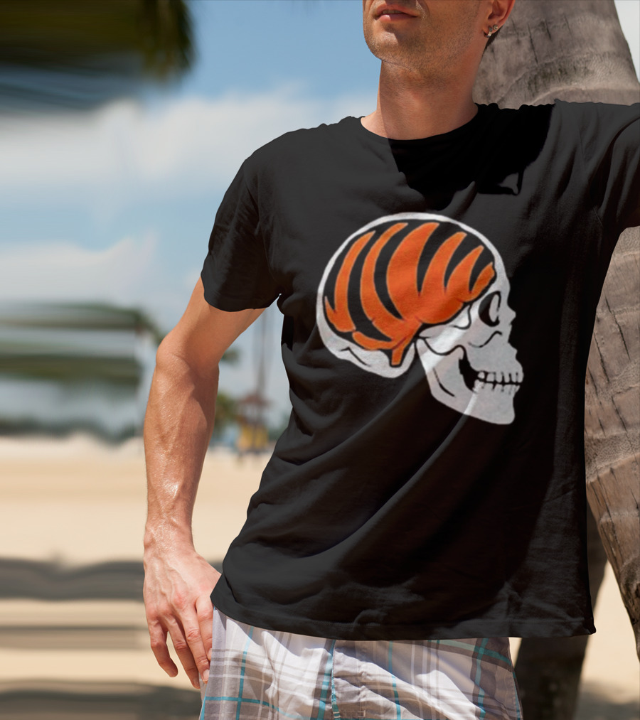 Goodberry Bengals Brain Skull With Orange Tiger Stripes T-Shirt