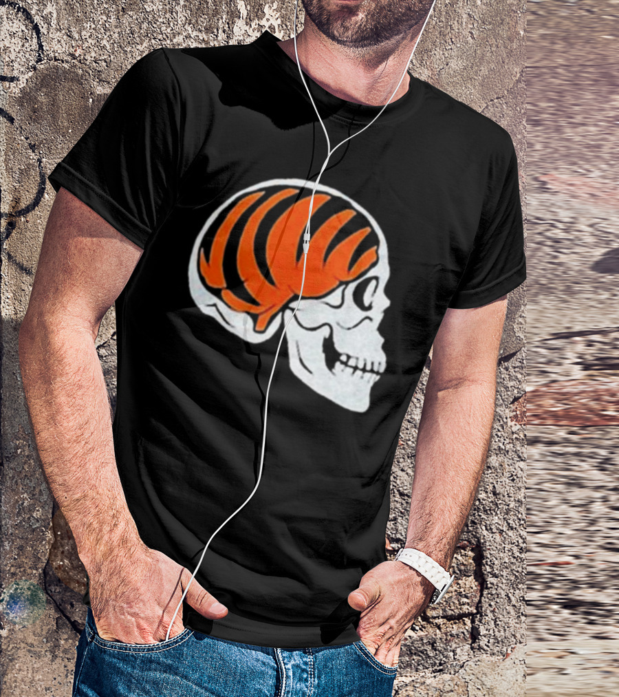 Goodberry Bengals Brain Skull With Orange Tiger Stripes T-Shirt