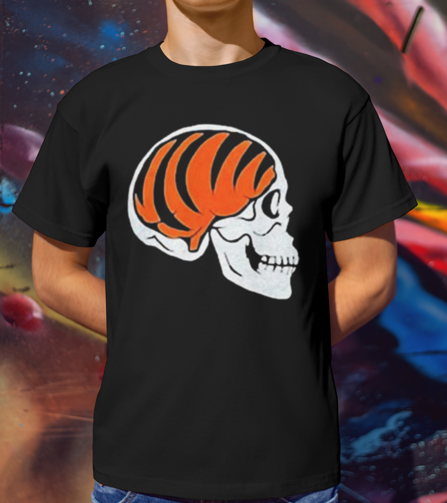 Goodberry Bengals Brain Skull With Orange Tiger Stripes T-Shirt