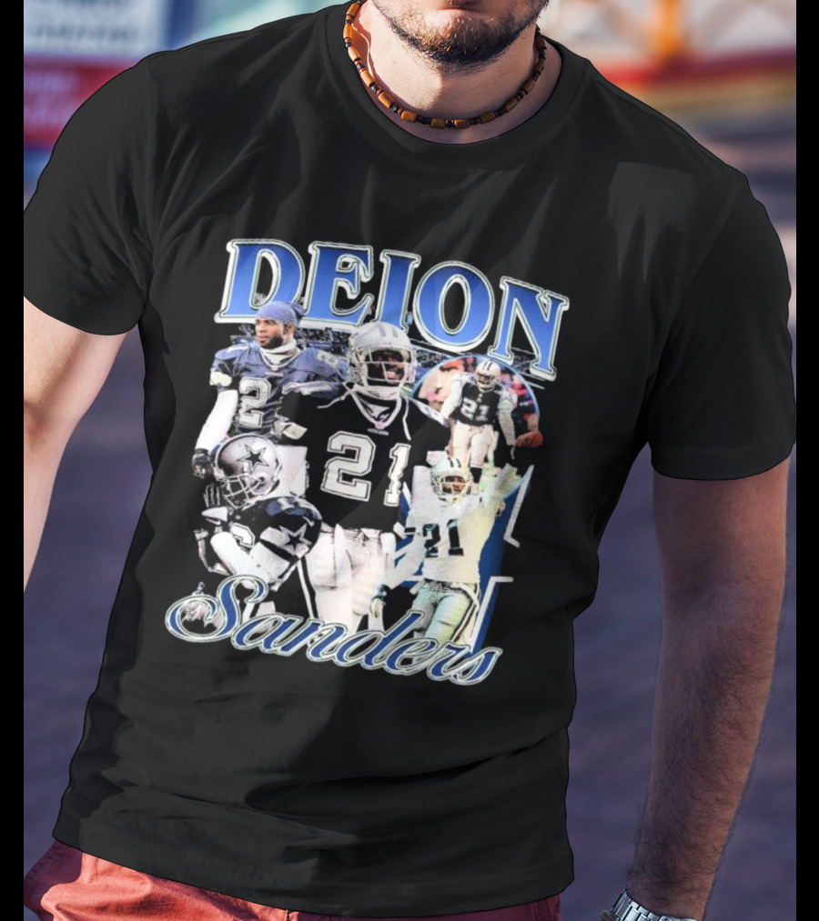 Deion Sanders Dallas Cowboys Collage With Number 21 And Star Helmet T-Shirt