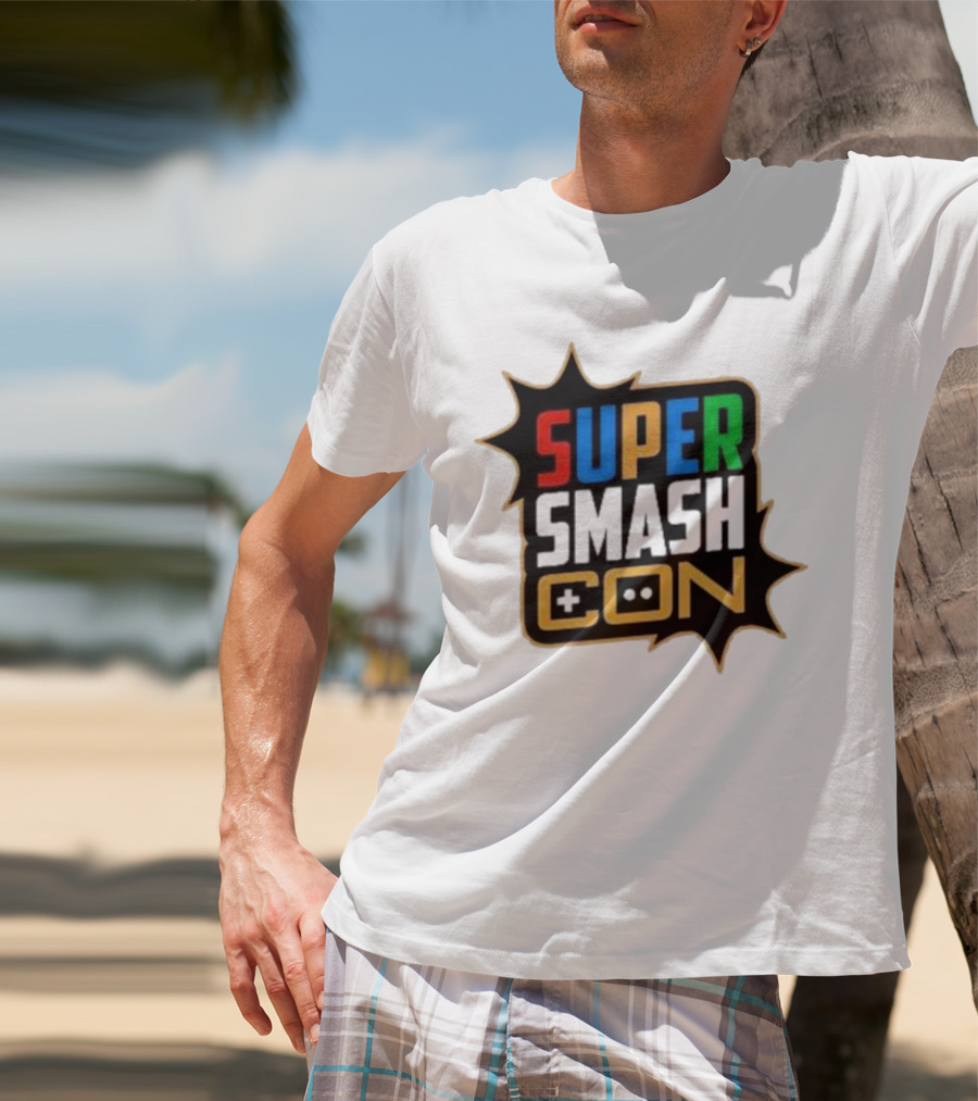 Super Smash Con Logo With Game Controller Icon Colors Burst T-Shirt