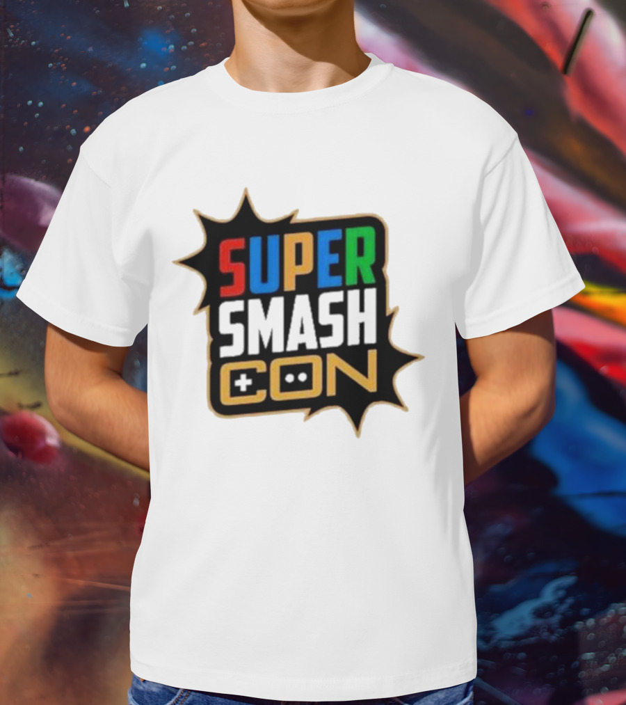 Super Smash Con Logo With Game Controller Icon Colors Burst T-Shirt