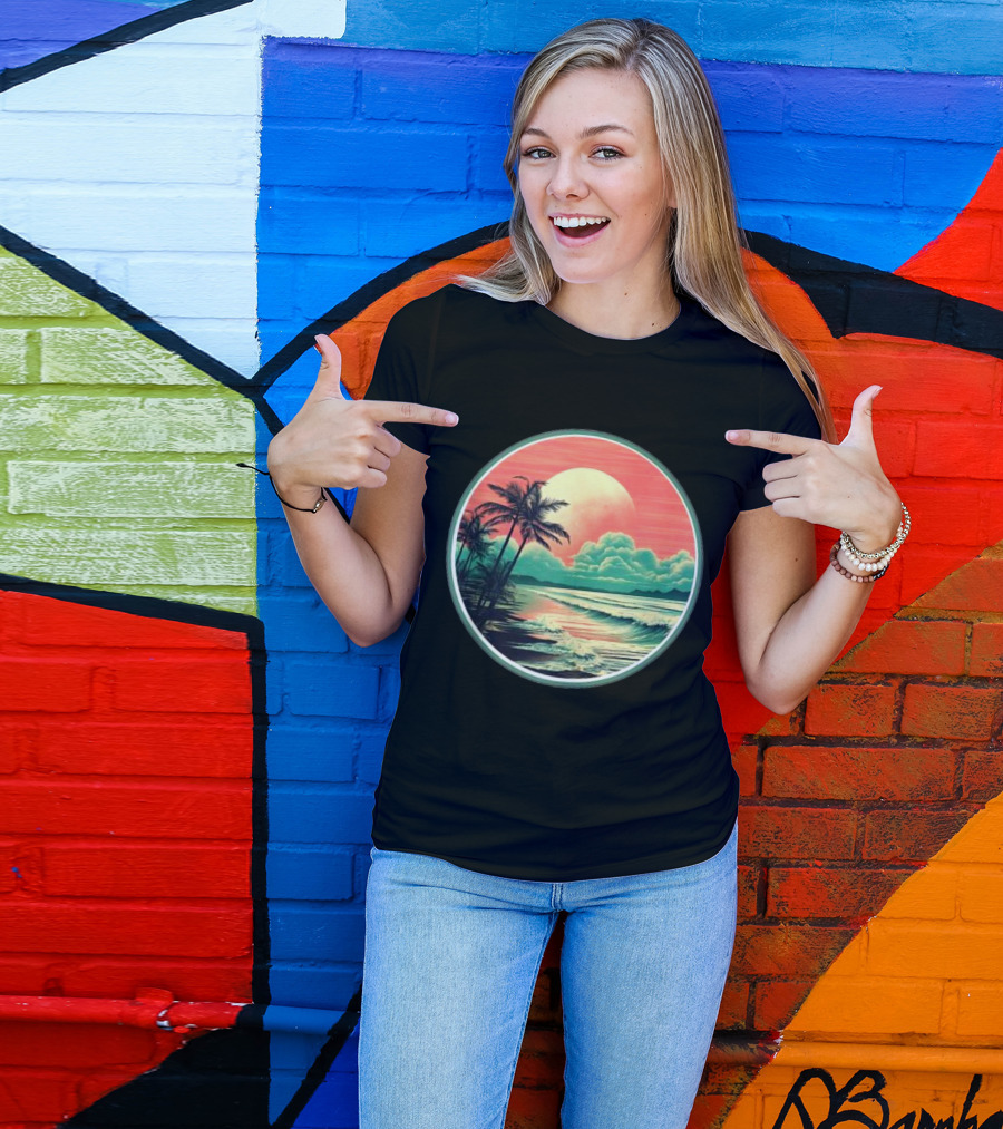 Tropical Ocean Moonscape Palms Waves Sunset Sky T-Shirt