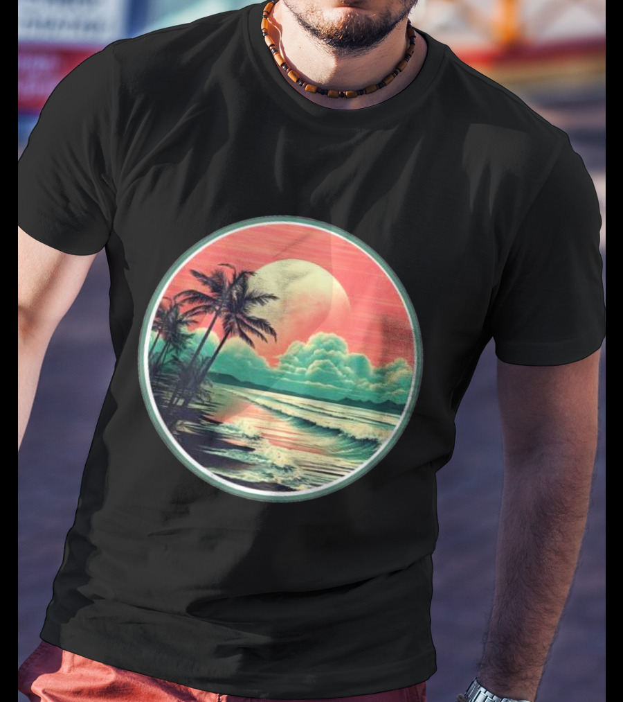 Tropical Ocean Moonscape Palms Waves Sunset Sky T-Shirt