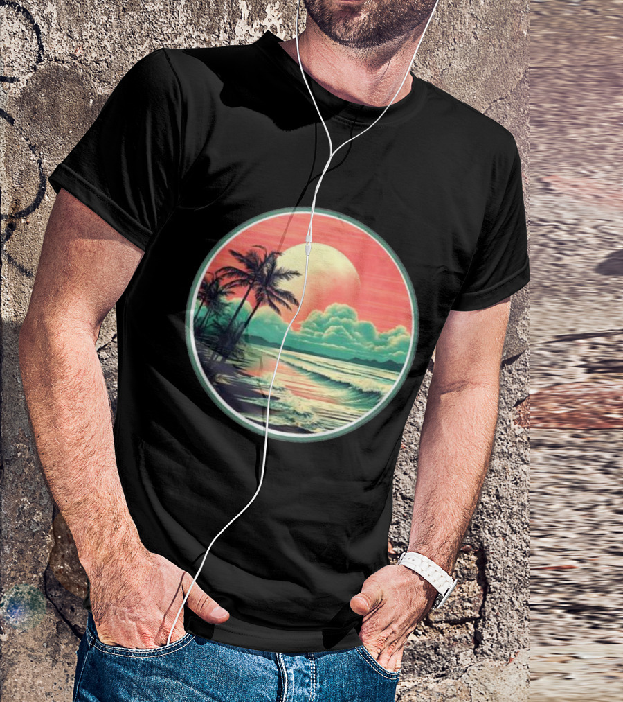 Tropical Ocean Moonscape Palms Waves Sunset Sky T-Shirt