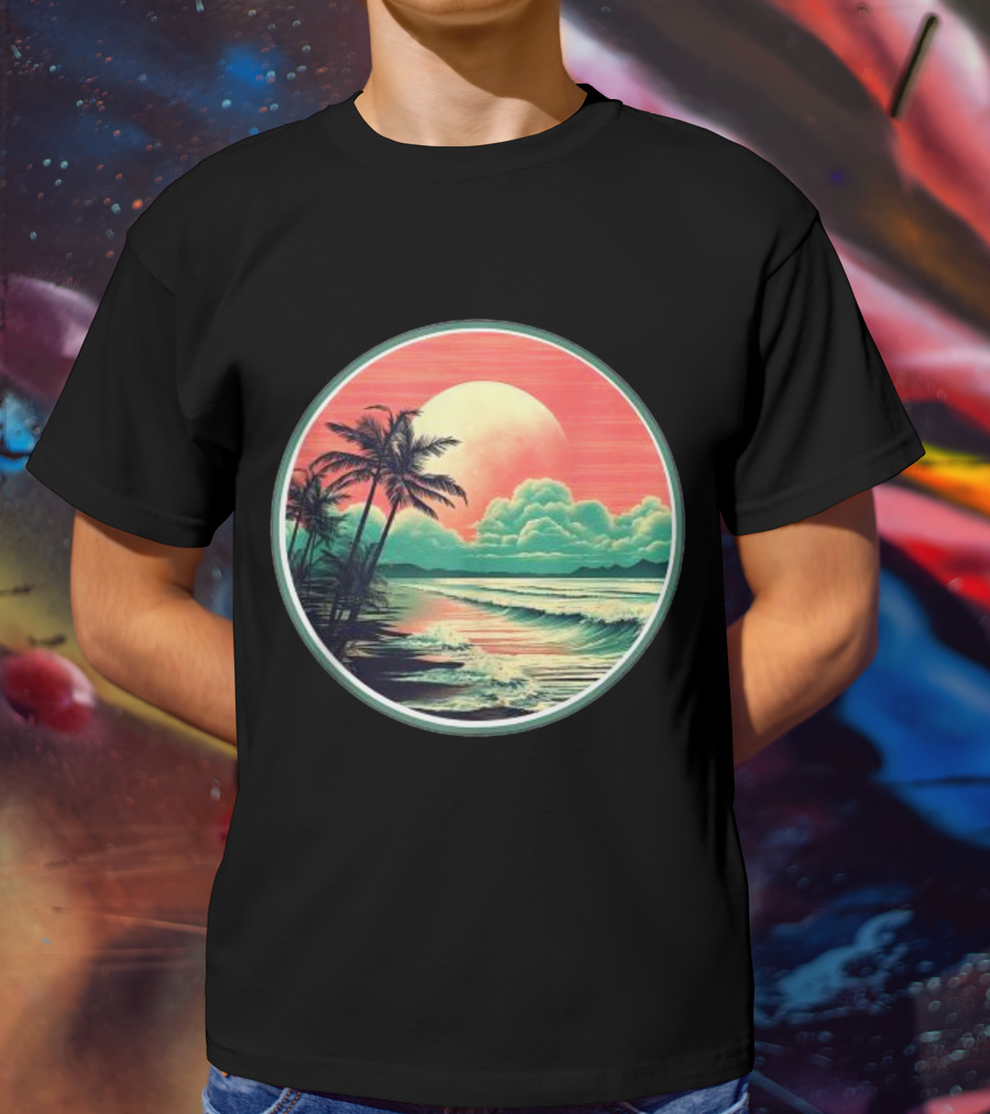 Tropical Ocean Moonscape Palms Waves Sunset Sky T-Shirt