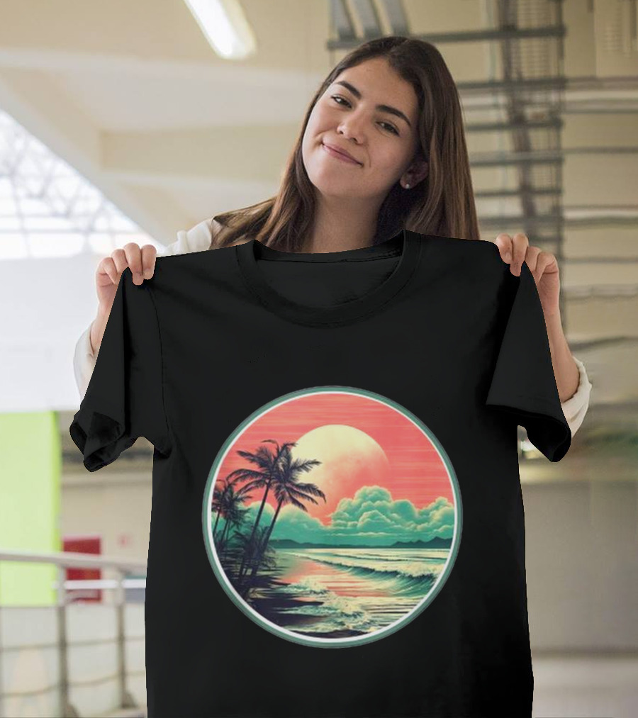 Tropical Ocean Moonscape Palms Waves Sunset Sky T-Shirt