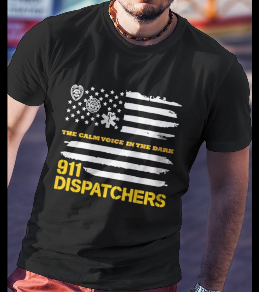 911 Dispatchers The Calm Voice In The Dark With Emergency Symbols And Distressed American Flag T-Shirt