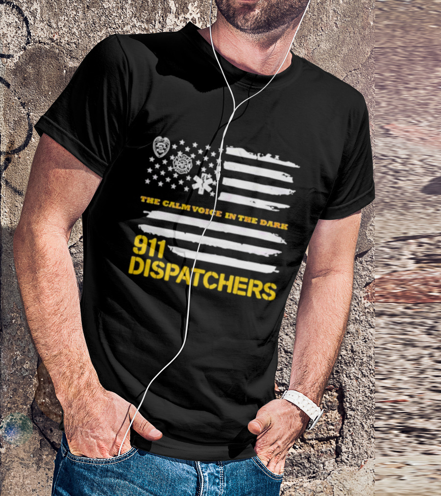 911 Dispatchers The Calm Voice In The Dark With Emergency Symbols And Distressed American Flag T-Shirt