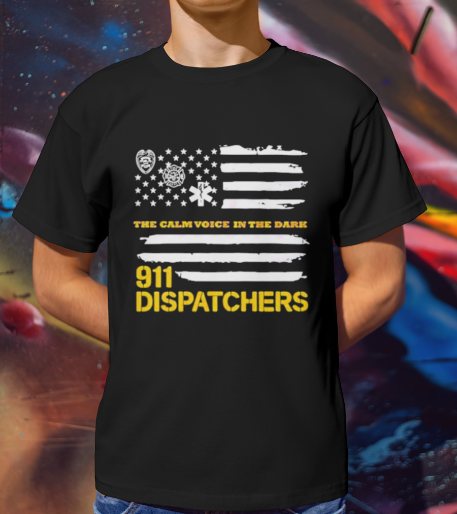 911 Dispatchers The Calm Voice In The Dark With Emergency Symbols And Distressed American Flag T-Shirt