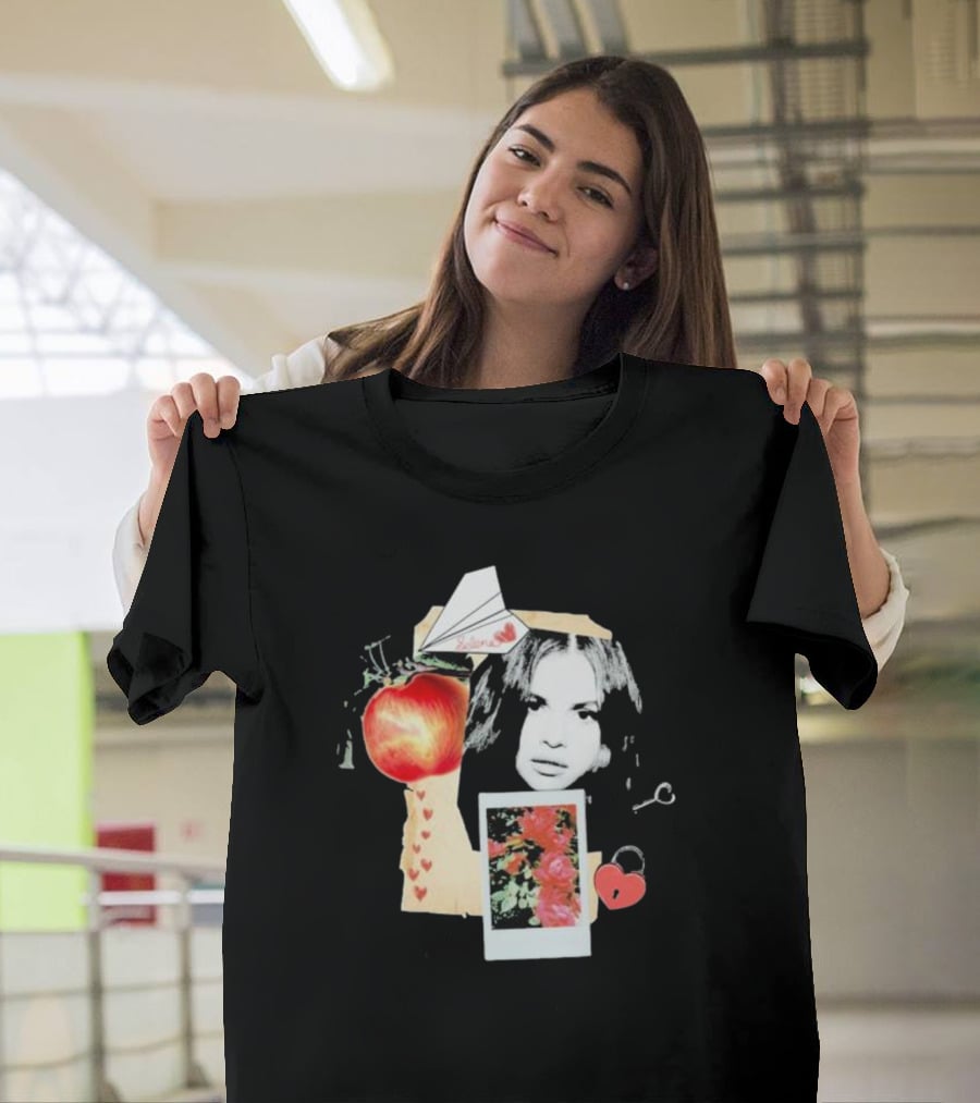 Selena Gomez Paper Plane Apple Heart Roses Collage T-Shirt