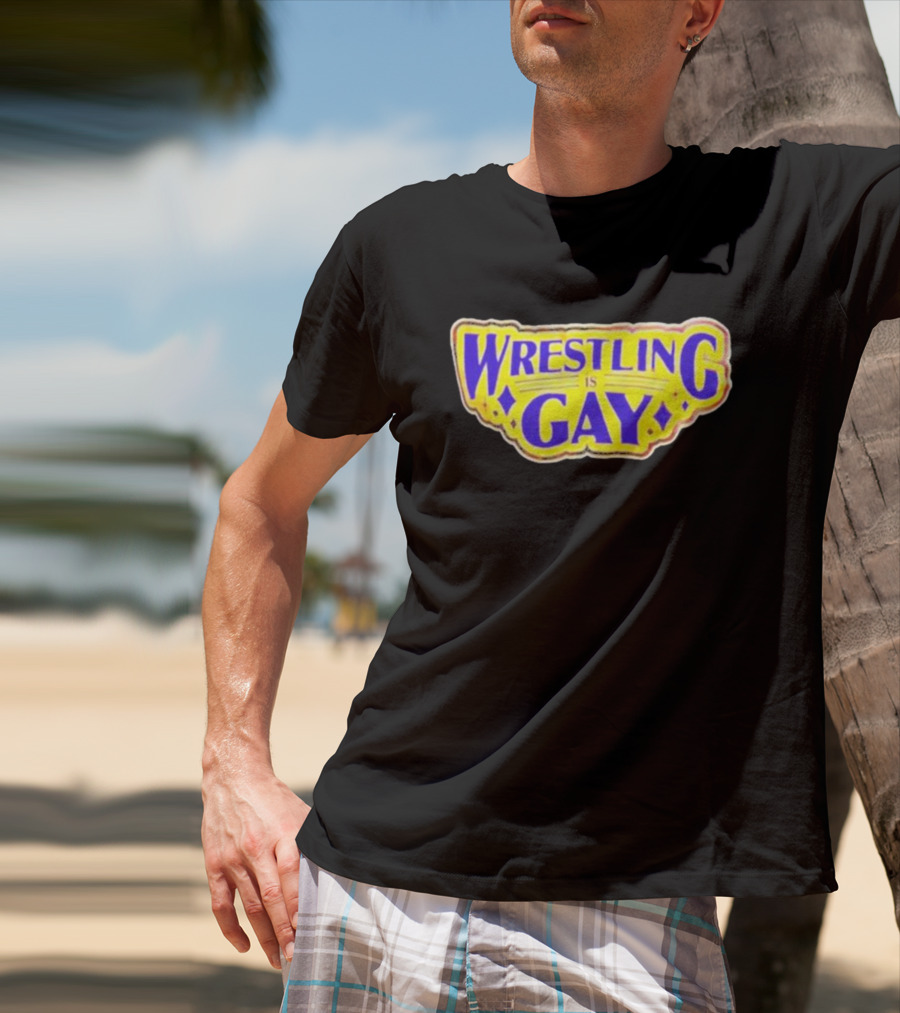 Wrestling Is Gay Emblem Bold Yellow And Purple Text T-Shirt