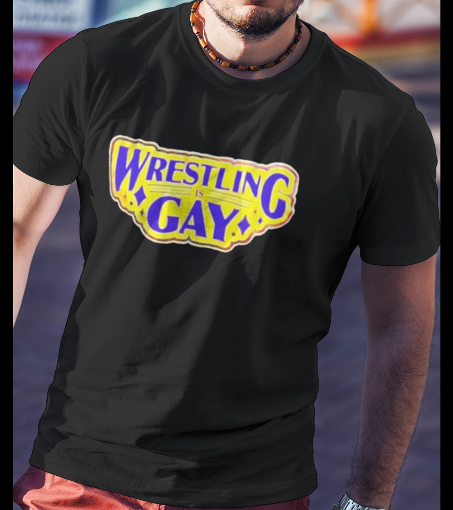 Wrestling Is Gay Emblem Bold Yellow And Purple Text T-Shirt