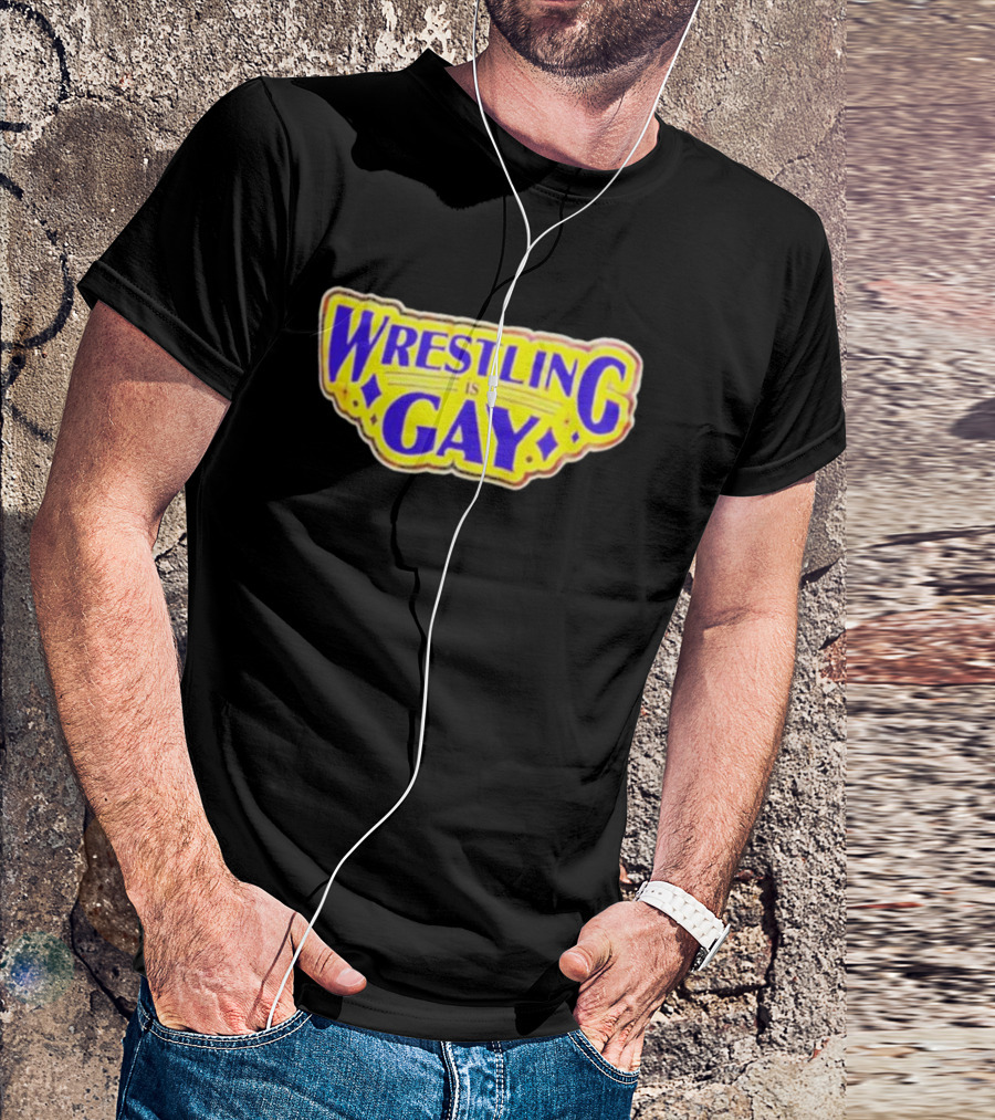 Wrestling Is Gay Emblem Bold Yellow And Purple Text T-Shirt