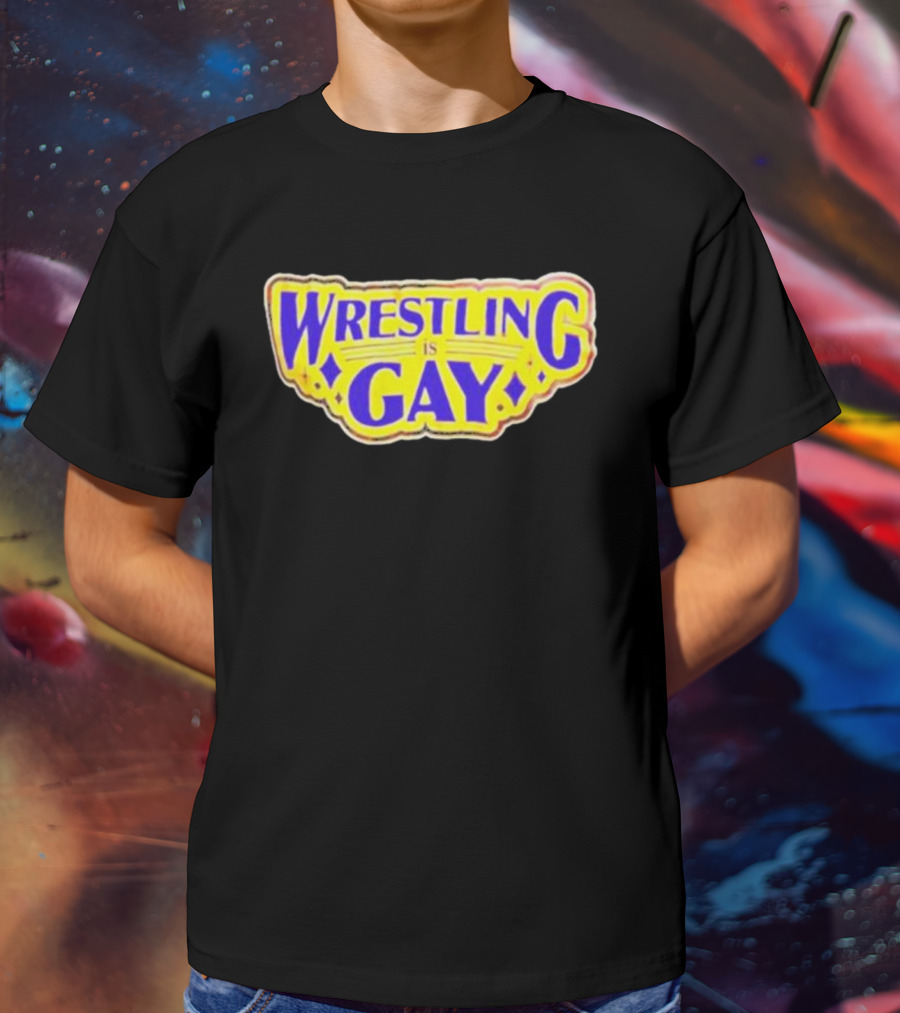 Wrestling Is Gay Emblem Bold Yellow And Purple Text T-Shirt