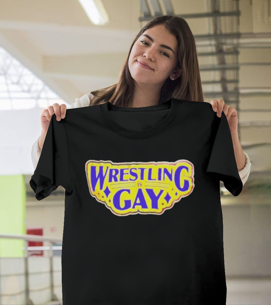 Wrestling Is Gay Emblem Bold Yellow And Purple Text T-Shirt