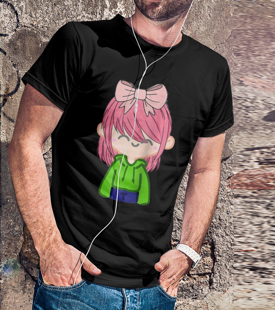 Alli Cat Pink Hair Girl Green Hoodie Bow Raglan Baseball T-Shirt