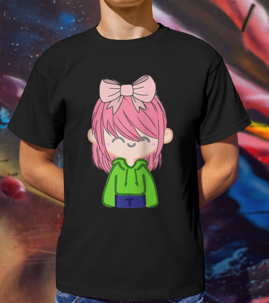 Alli Cat Pink Hair Girl Green Hoodie Bow Raglan Baseball T-Shirt