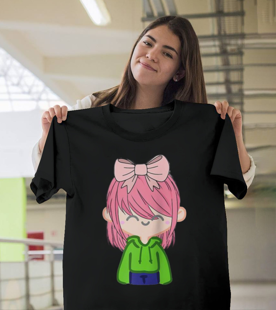 Alli Cat Pink Hair Girl Green Hoodie Bow Raglan Baseball T-Shirt