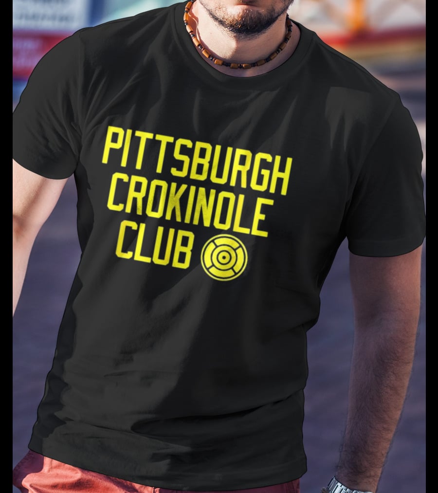 Pittsburgh Crokinole Club Yellow Text With Crokinole Disc T-Shirt