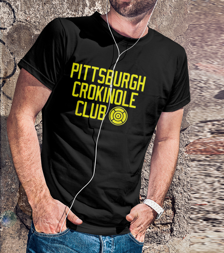 Pittsburgh Crokinole Club Yellow Text With Crokinole Disc T-Shirt