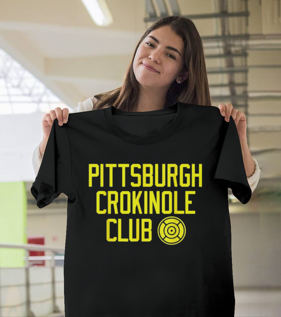 Pittsburgh Crokinole Club Yellow Text With Crokinole Disc T-Shirt