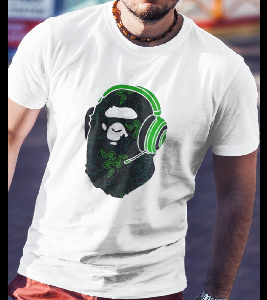 Bape X Razer Neon Camo Ape Head With Green Gaming Headset T-Shirt