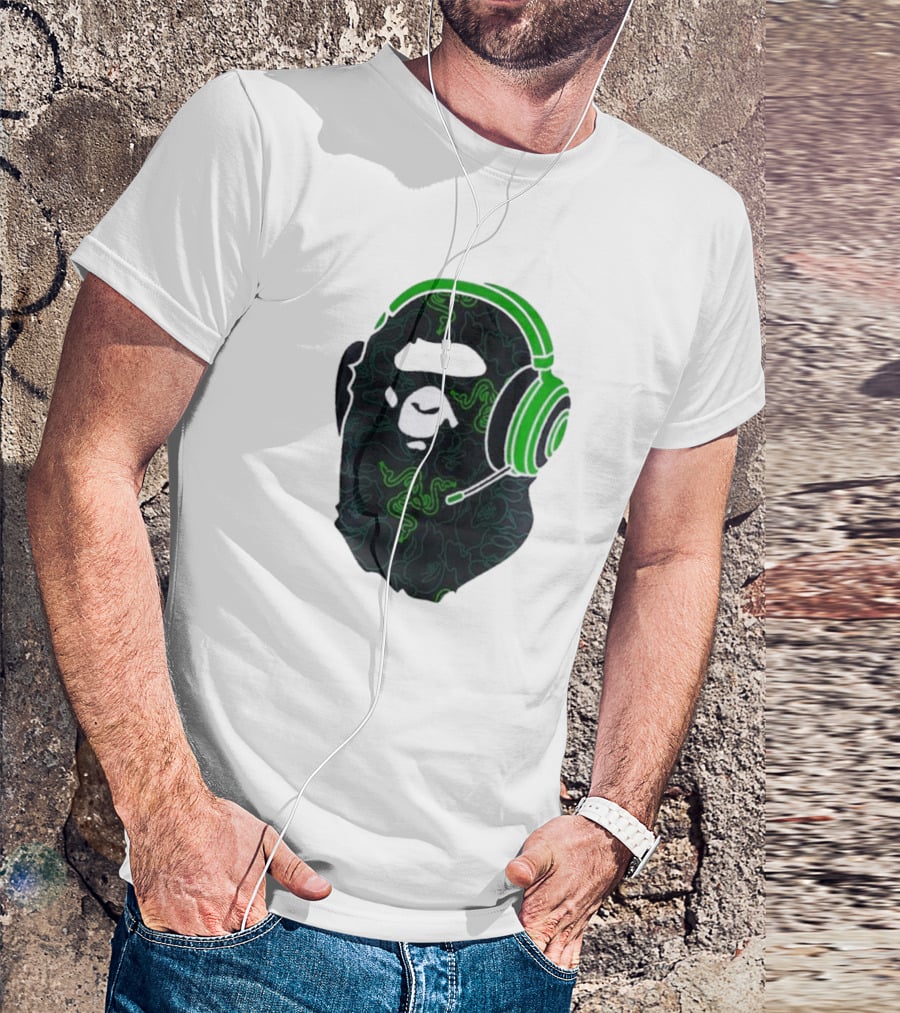 Bape X Razer Neon Camo Ape Head With Green Gaming Headset T-Shirt