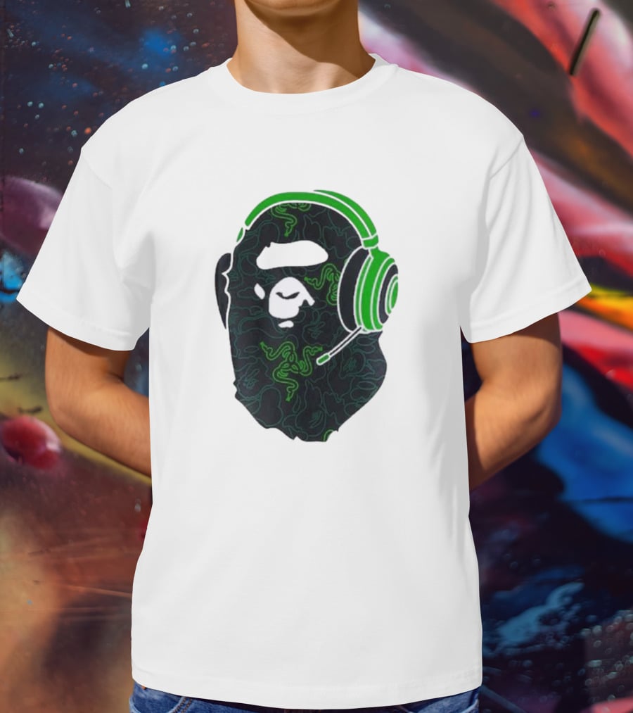 Bape X Razer Neon Camo Ape Head With Green Gaming Headset T-Shirt