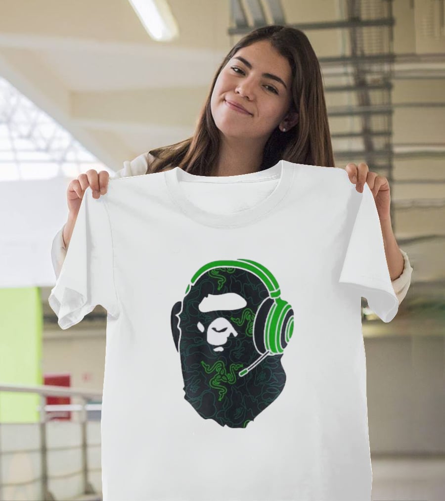 Bape X Razer Neon Camo Ape Head With Green Gaming Headset T-Shirt