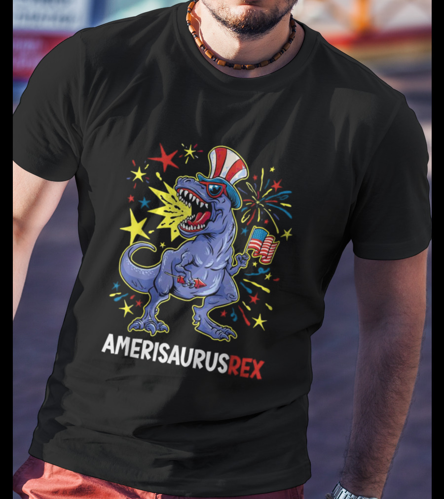 Amerisaurus Rex Patriotic Dinosaur With American Flag And Fireworks Hat T-Shirt