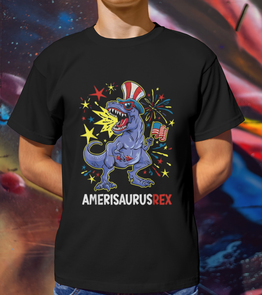 Amerisaurus Rex Patriotic Dinosaur With American Flag And Fireworks Hat T-Shirt