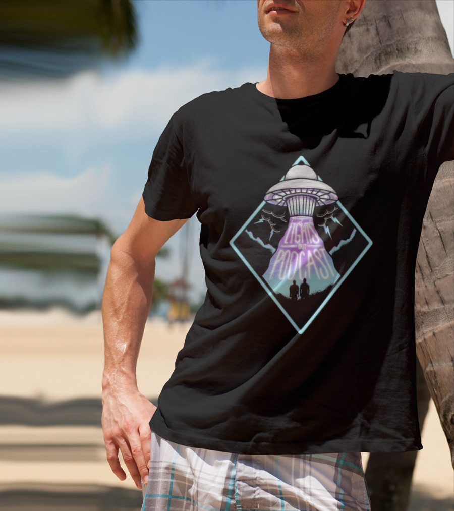Lights Out Podcast UFO Design With Silhouette And Lightning T-Shirt