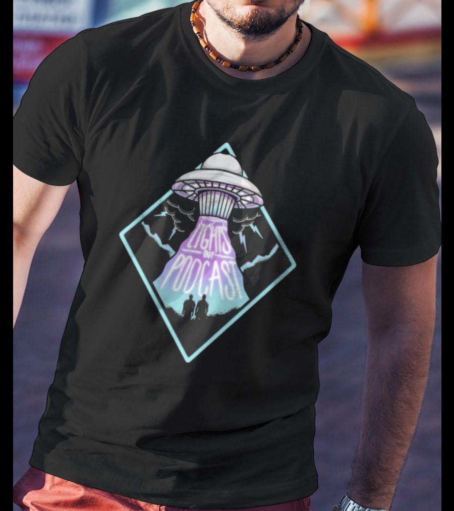 Lights Out Podcast UFO Design With Silhouette And Lightning T-Shirt