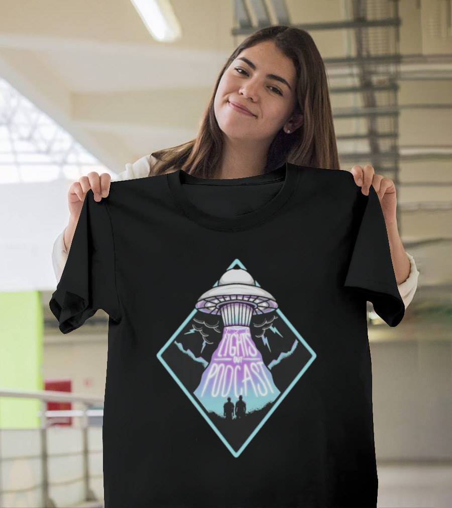 Lights Out Podcast UFO Design With Silhouette And Lightning T-Shirt