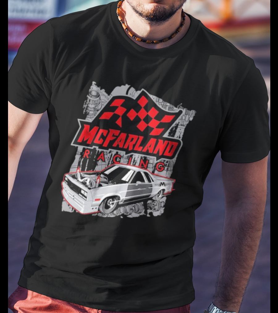 McFarland Racing Cleetus Mullet Turbocharged Car And Checkered Flag T-Shirt