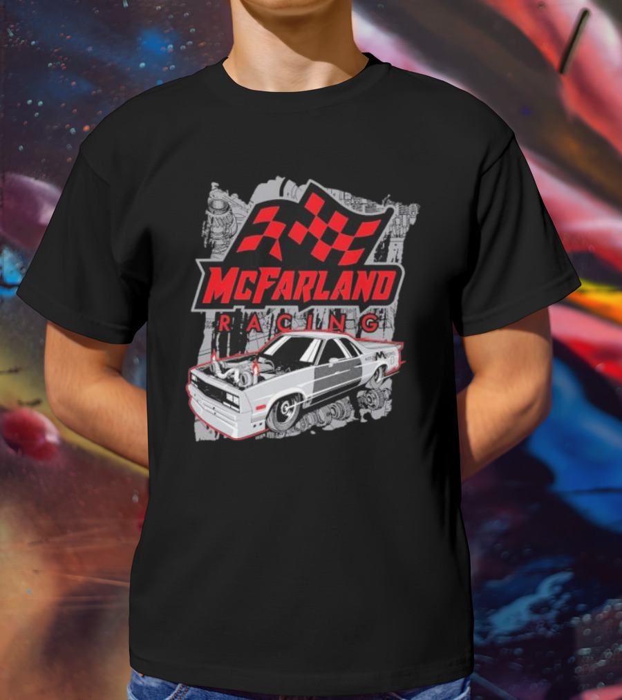 McFarland Racing Cleetus Mullet Turbocharged Car And Checkered Flag T-Shirt