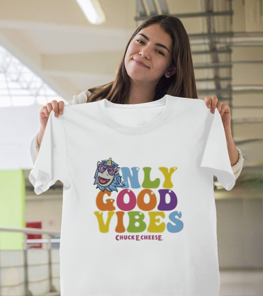 Unicorn Only Good Vibes Chuck E. Cheese Rainbow T-Shirt